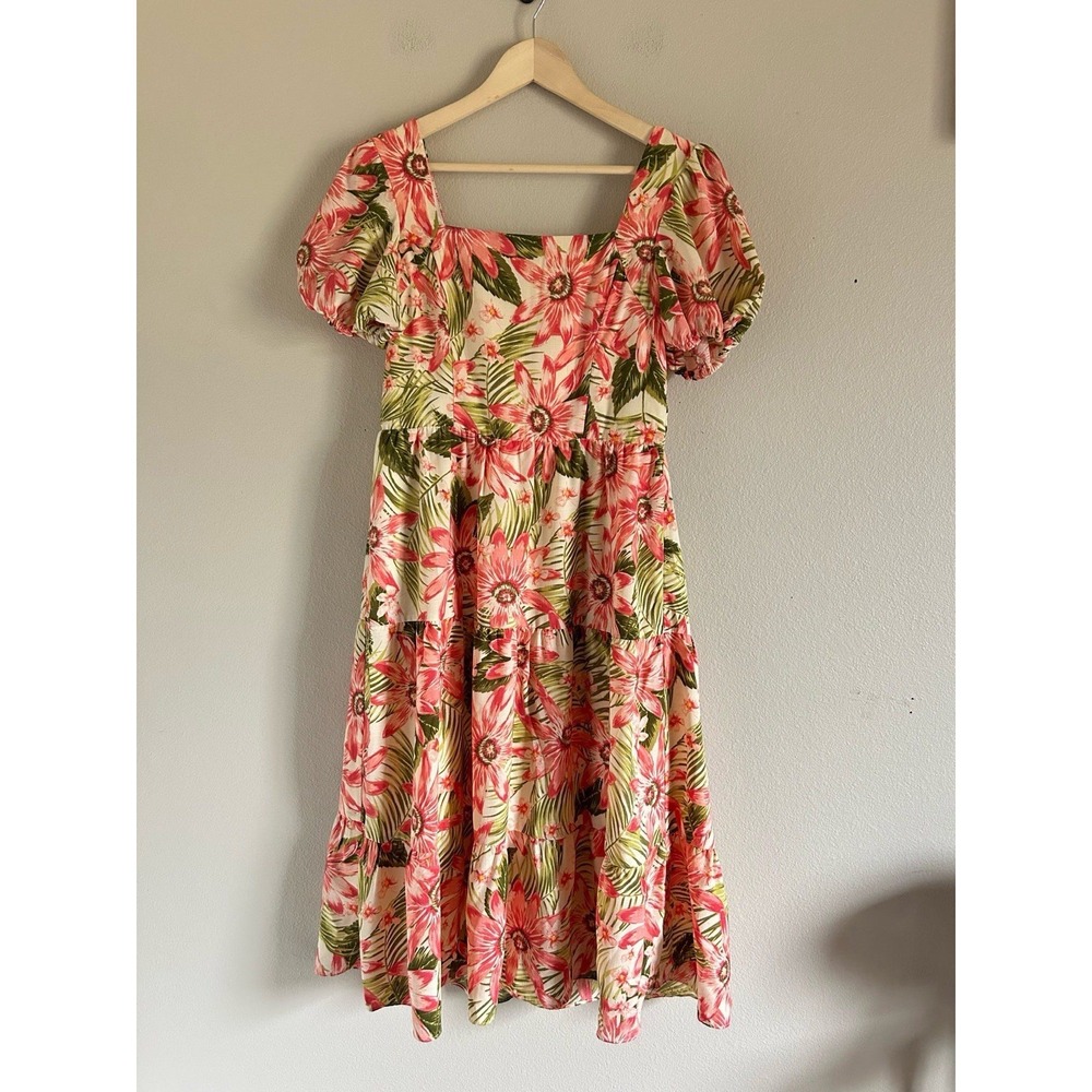 Julia Jordan Dress Womens 6 Tropical Floral Smocked Tiered Midi U=2